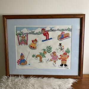 Vintage 1980s Cross Stitch Teddy Bear Christmas Winter Scene Framed Art